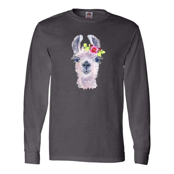 Inktastic Cute Llama with Flower Long Sleeve T-Shirt