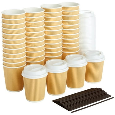 50 Pack Disposable Small Coffee Cups 8 oz, Insulated, Ripple, To Go Kraft Paper Coffee Cups with Lids and Stirring Straws Included for Hot Drinks (150 Total Pcs)