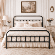 UHOMEPRO Queen Size Metal Bed Frame with Headboard and Footboard, Vintage Victorian Style Platform Bed Frame, No Box Spring Needed, Easy Assembly, Center Support Bar, Black