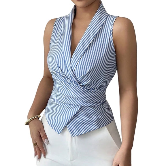 Womens Striped Sleeveless Shirt Tie Waist Slim Fit Tank Top Casual Chic Blouse Summer Tunic Vest L