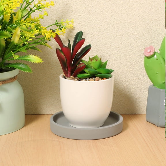 BESTYASH Grey Ceramic Flower Pot , 2 Pieces Cement Style Planter Drip Catcher for Indoor and Outdoor Use