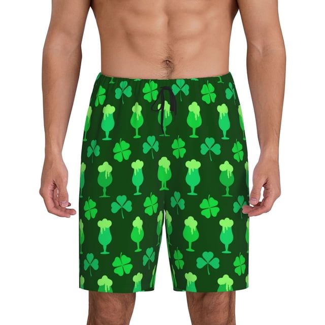 Balery leaves and glasses of beer for St. Patrick's Day Pantalones cortos de pijama de punto de algodón para hombre con cinturilla y bolsillos-Large