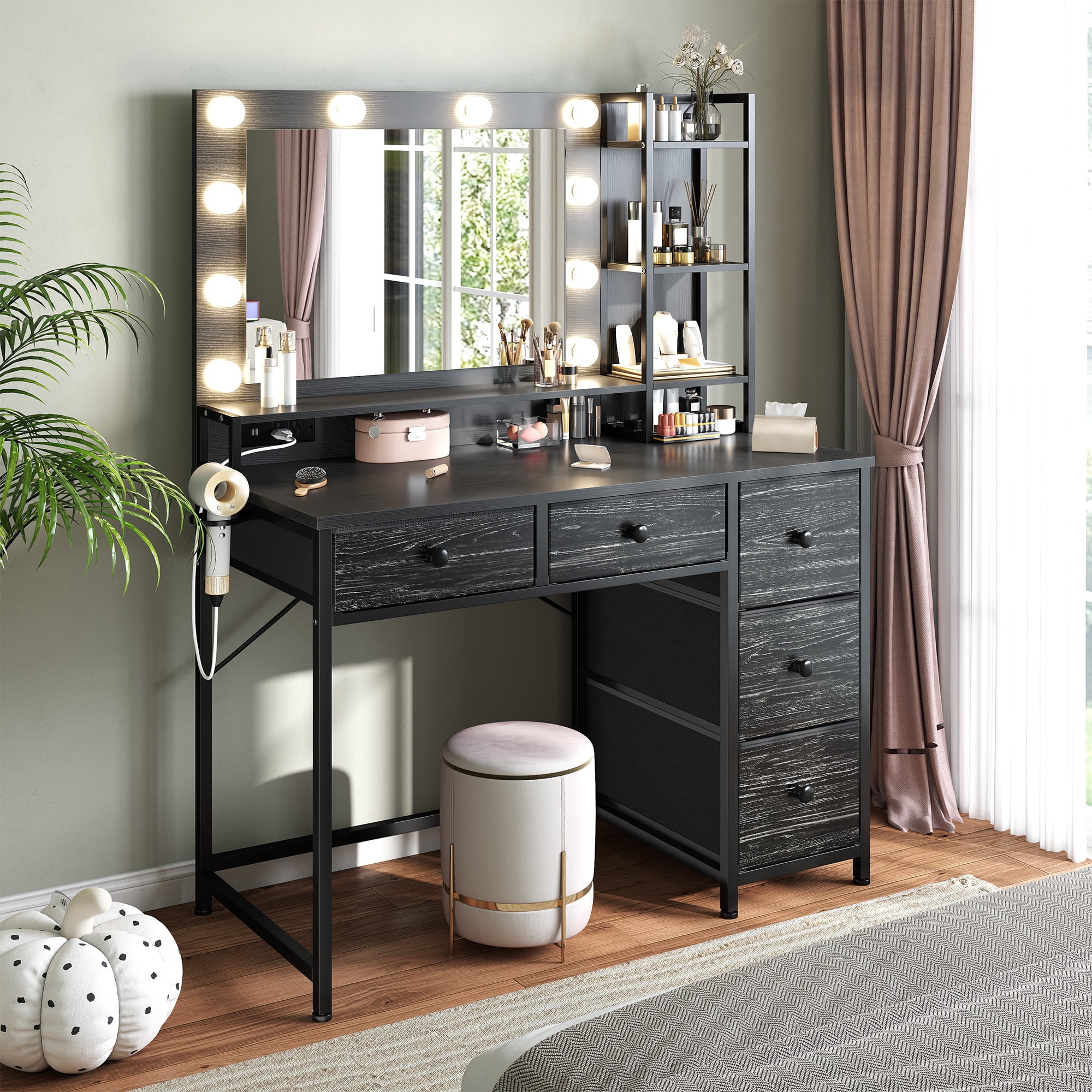 Romorgniz Vanity with Mirror and Lights Vanity Desk with 5 Drawers and Storage Shelves Makeup Dressing Table with Power Outlet & USB,Black