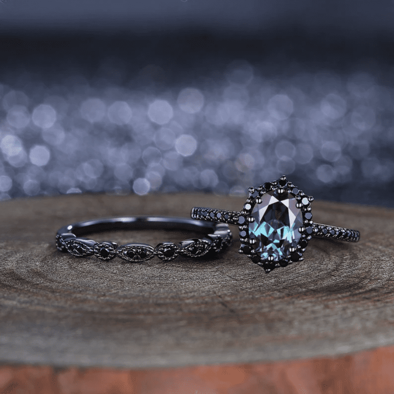 Oval Cut Alexandrite Engagement Ring Set in 14K Black Gold