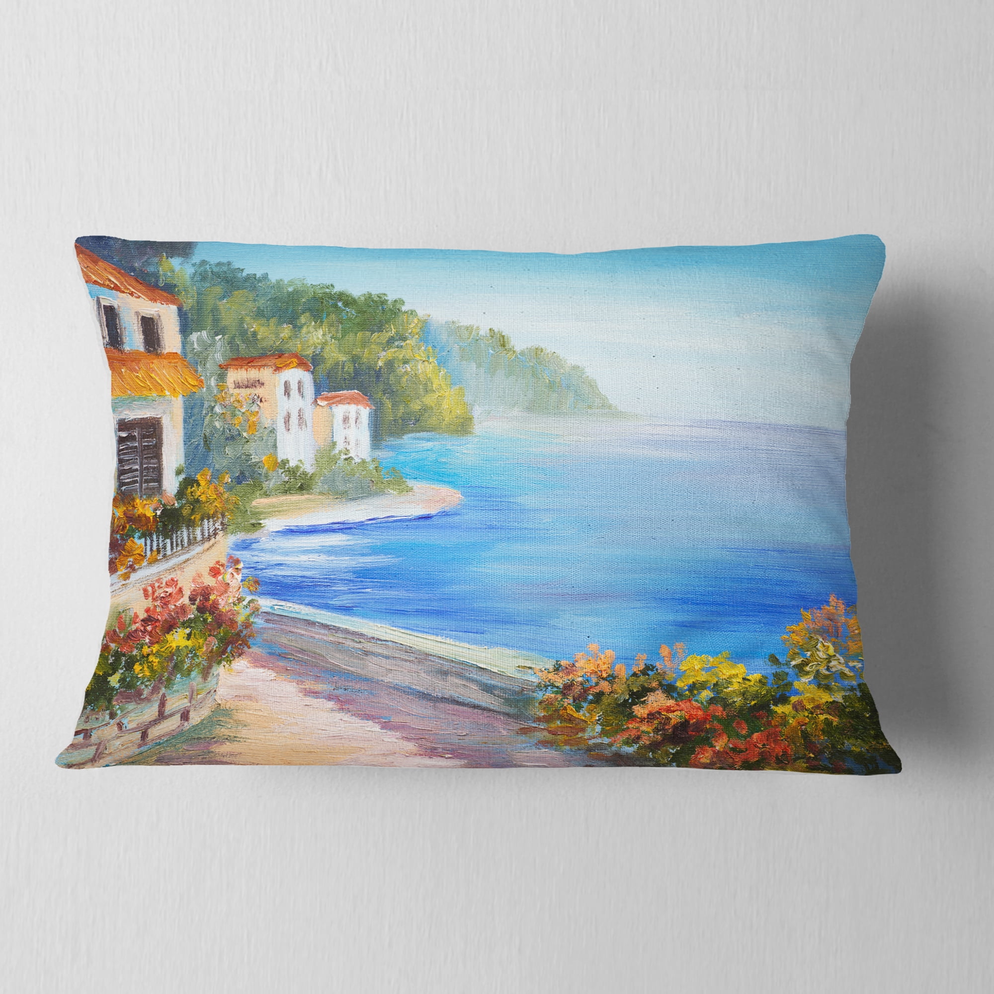 Designart House Near Blue Sea - Landscape Printed Throw Pillow - 12x20