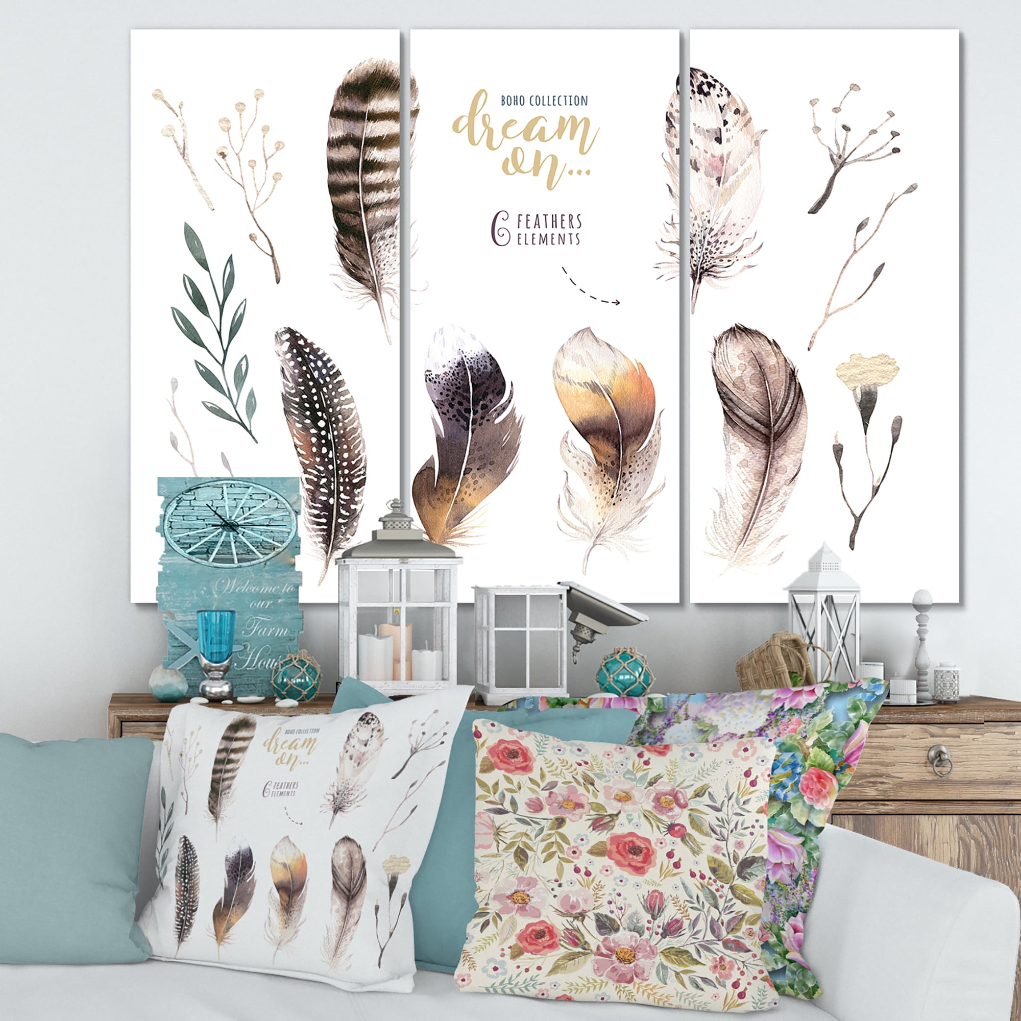 Designart ' VIbrant Orange Boho Feathers ' Bohemian & Eclectic Canvas Wall Art Print