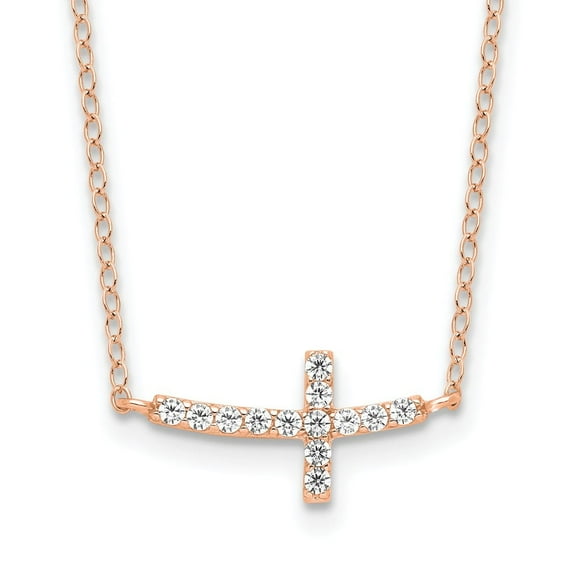 Sterling Silver Rose Gold-plated CZ Sideways Cross w/2in Ext Necklace