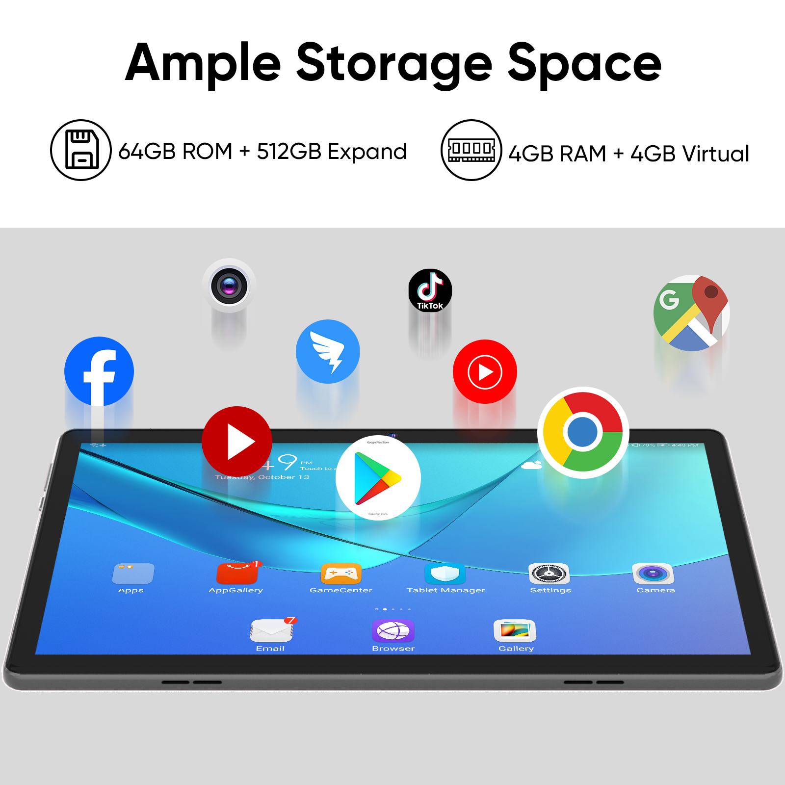 Tablet 10 inch Android 14 Tablets, 6GB RAM 64GB ROM 1TB Expand, Quad-Core Processor, 1280x800 LCD Touch Screen, WiFi 5, Dual Camera, BT5.0, 6000mAh Battery