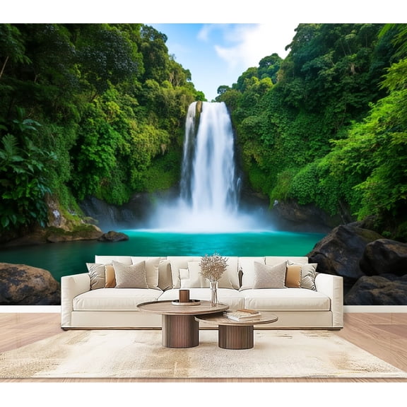 Wallpaper Tropical Waterfall Cascading into Turquoise Pool Peel and Stick Wall Murals 100"H x 144"W Removable PVC Wall Paper Self-Adhesive Wall Paintings Art Decor for Bedroom Living Room