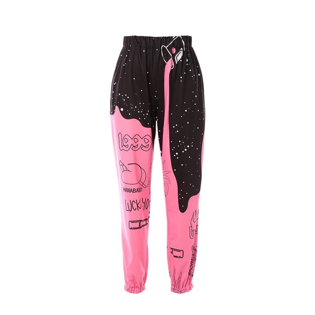 Women Print Baggy Sweatpants High Waisted Contrast Color Workout Trousers