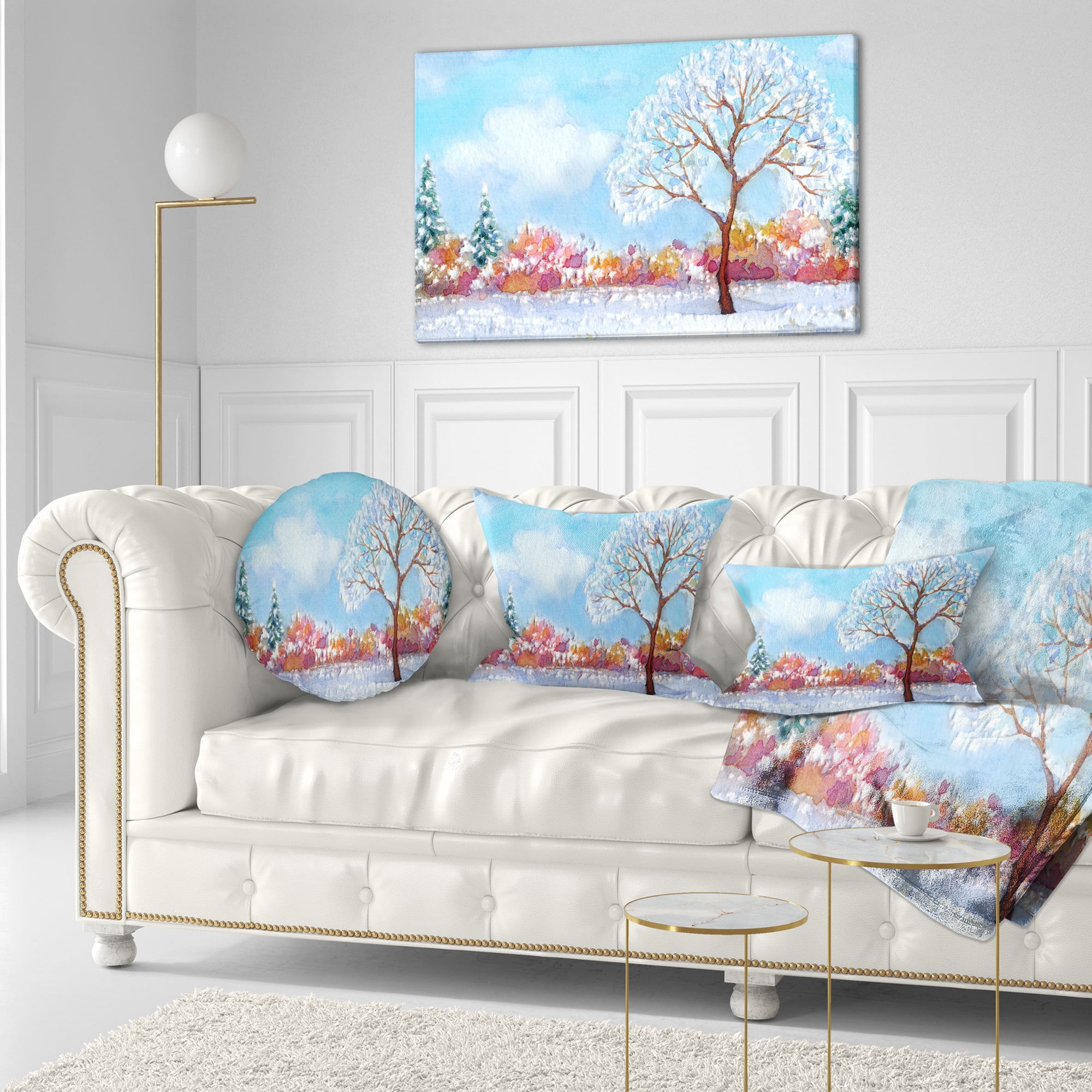 Designart Tree in Winter - Watercolor Painting Landscape Printed Throw Pillow - 12x20