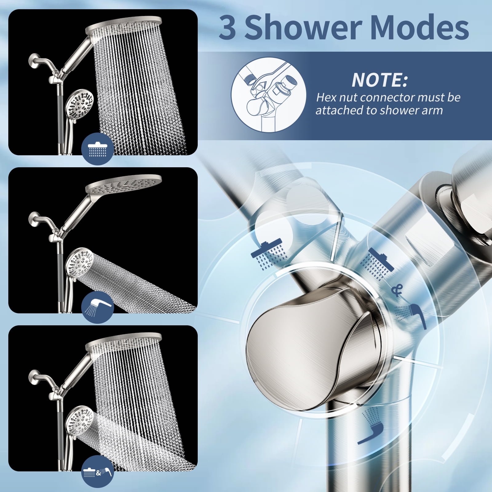 KAIYING Dual Shower Head with Handheld Spray, 9 Modes, Adjustable Angles, 79-Inch Hose, Brushed Nickel