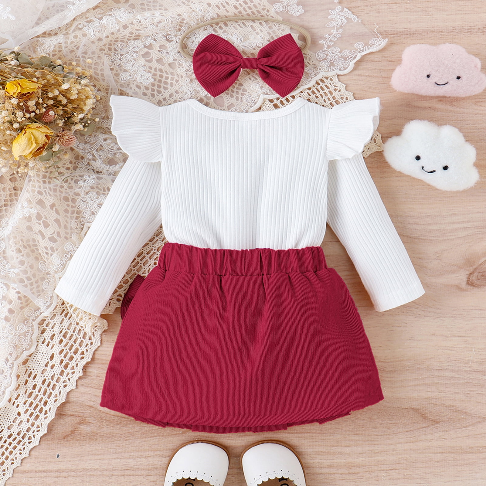 IWEMEK Girl's Fall Winter Clothes Casual Trendy Long Sleeve Ruffle Tshirt Red Mini Skirt Family Photo Autumn Suit 1-2T