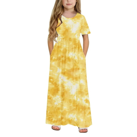 ATOGUTA Girls Dresses Short Sleeve Floral Print Loose Casual Long Maxi Dress with Pockets Yellow, Size 4-14 Years