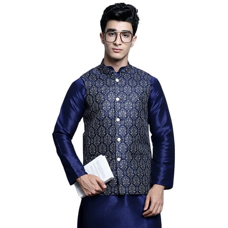 Maple Clothing Men's Traditional Indian Outerwear Vest Nehru Jacket Waistcoat Guest Outfit (Navy Blue, XL)