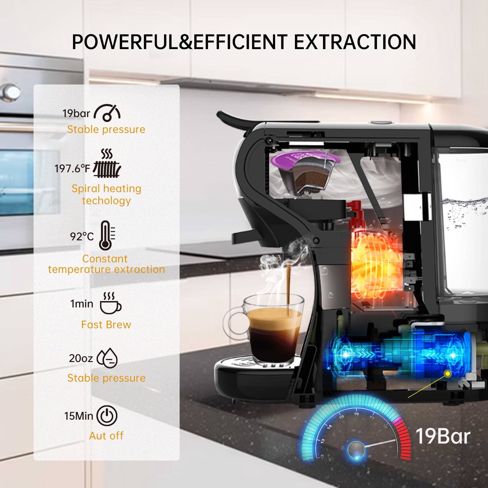 HiBREW H1A 4-in-1 Single Serve Capsule Coffee Machine - 19Bar coffee Maker for Hot/Cold Brews Black