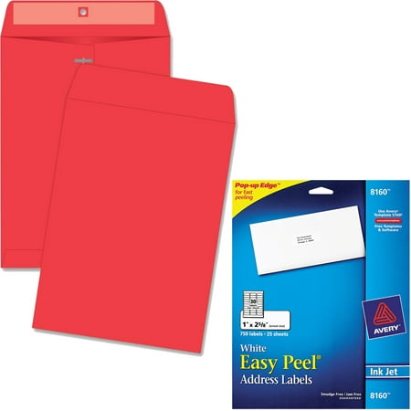 Quality Park Brightly Colored 9x12 Clasp Envelopes and Avery 8160 Easy Peel White Address Labels for Inkjet Printers, 1