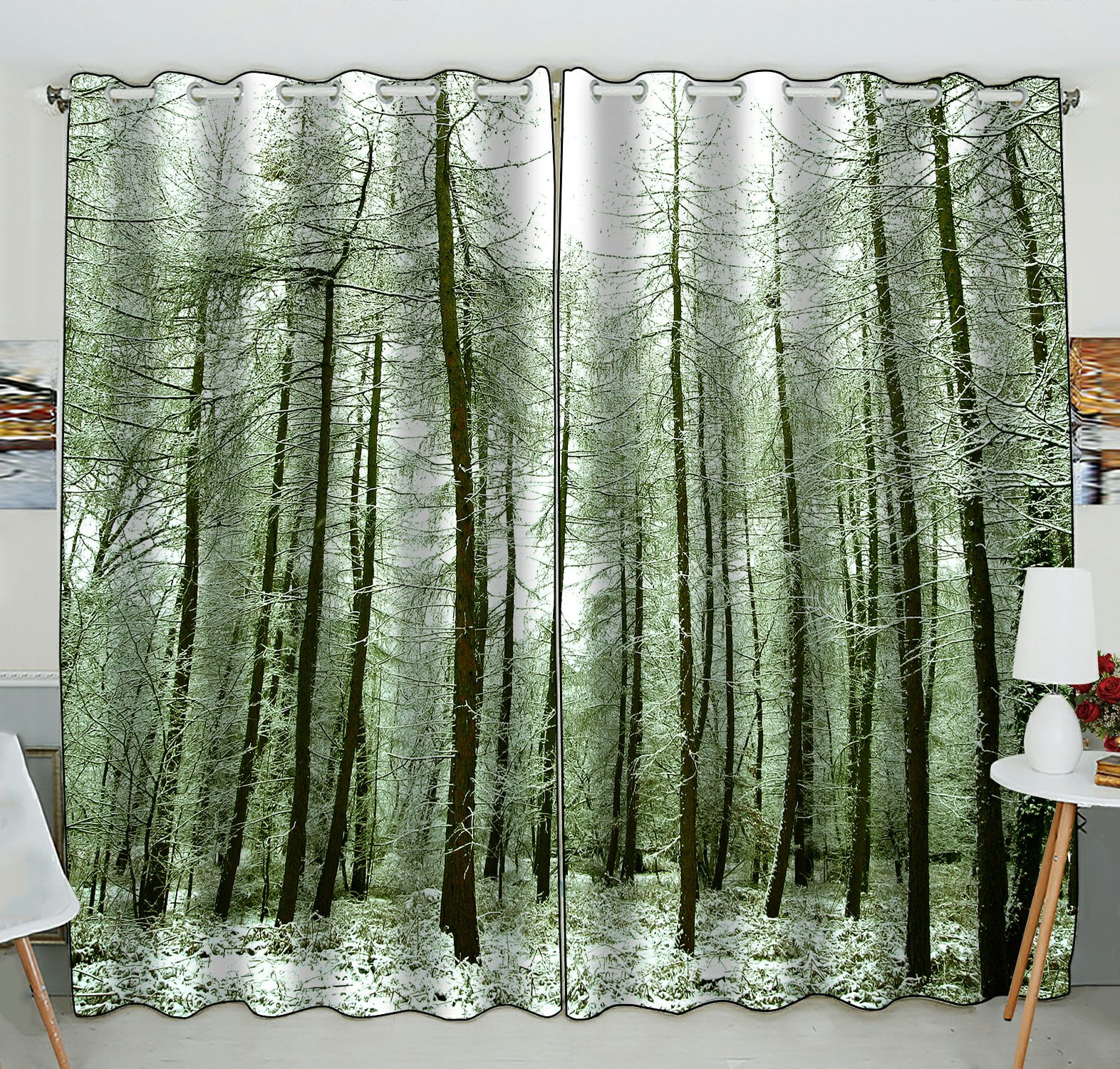 PHFZK Nature Window Curtain, Winter Scene Snow Tree Trunks Forest