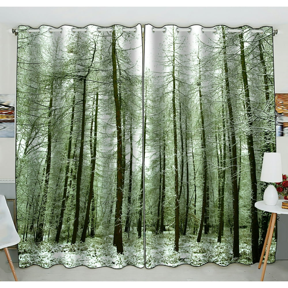 PHFZK Nature Window Curtain, Winter Scene Snow Tree Trunks Forest Landscape Window Curtain