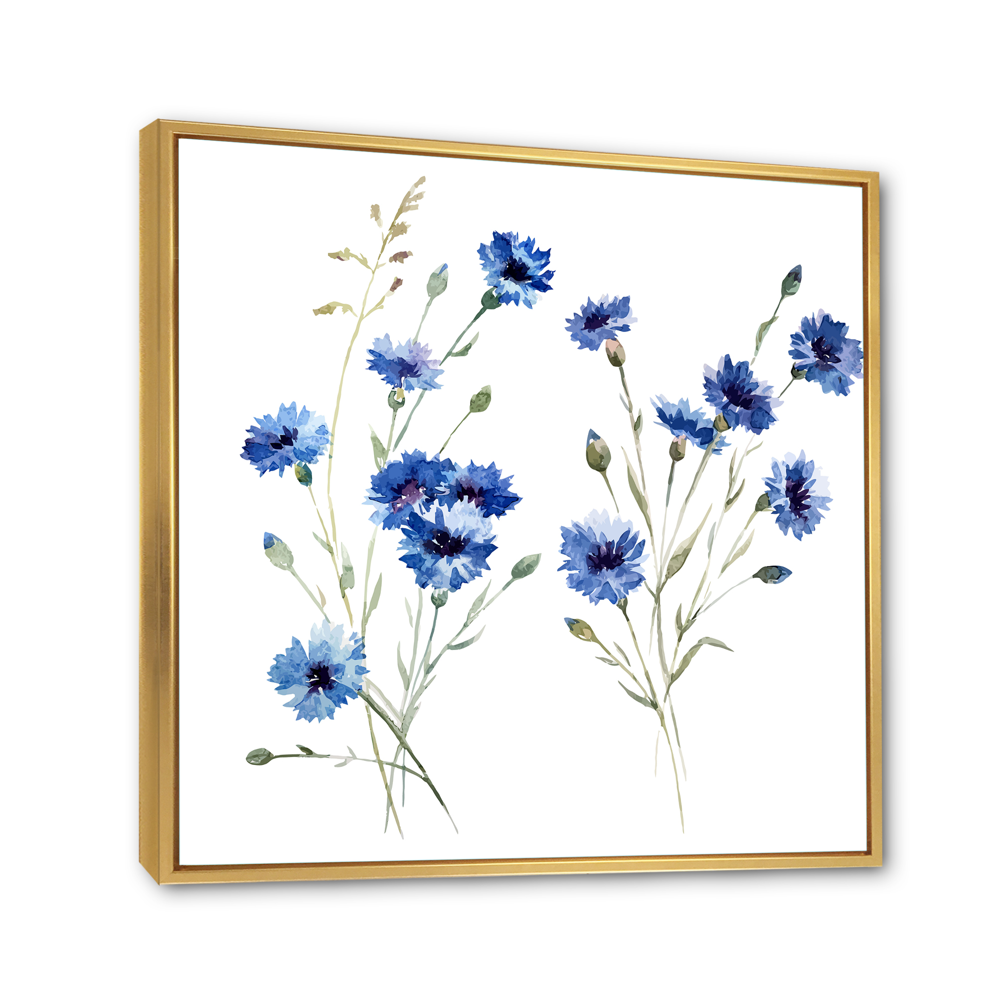Designart 'Blue Cornflowers With Green Leaves On White III' Traditional Framed Canvas Wall Art Print
