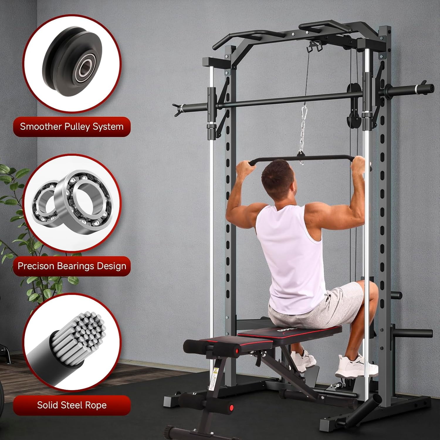 VIBESPARK Smith Machine Power Rack with Lat-Pull Down Pulley System & Cable Row, Multi-Functional Squat Rack Cage with Barbell Bar, Landmine, Pull-up Bar and More Attachment for Home Gym
