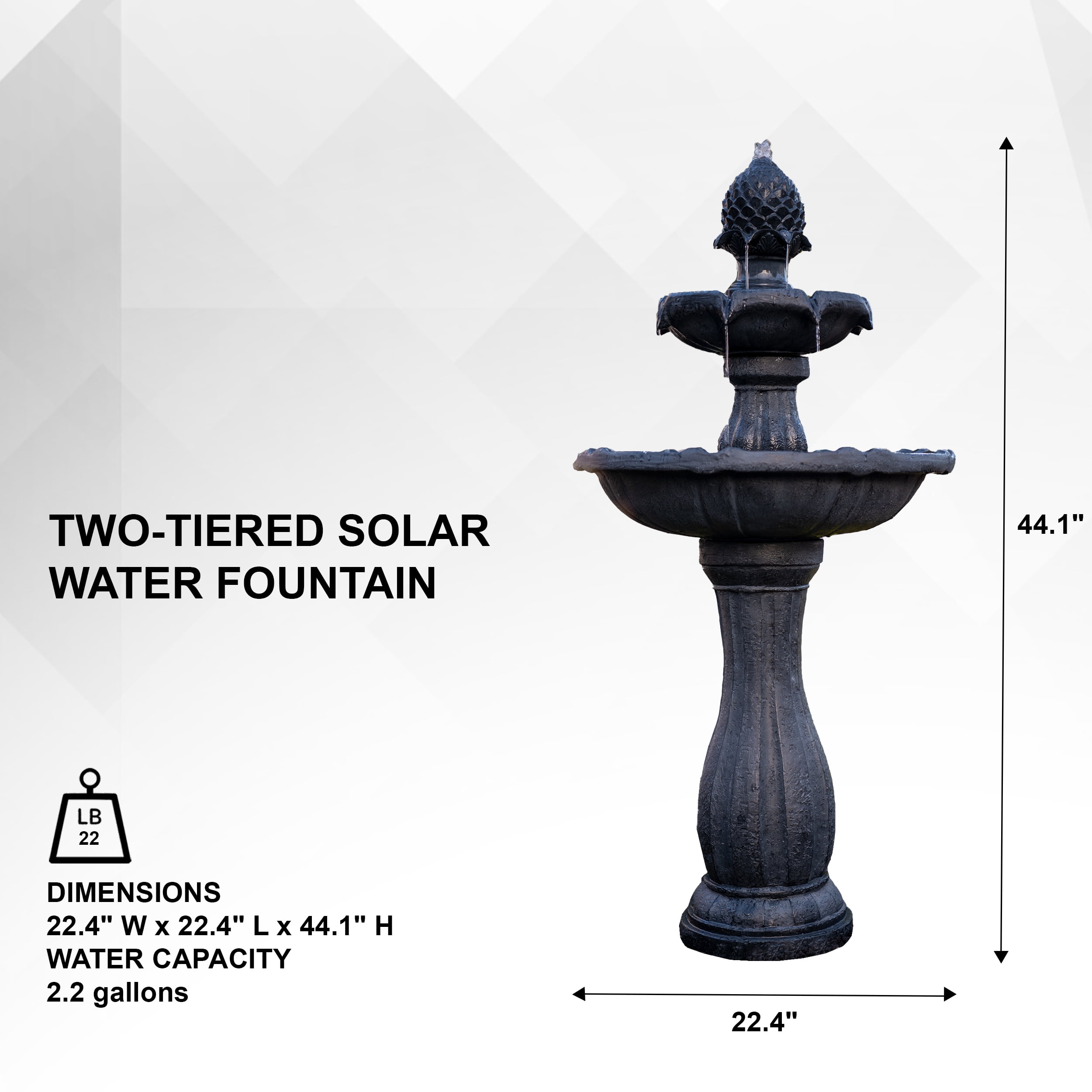 XBrand 44" H Black Fiberglass/Resin 2-Tier Solar Water Fountain w/ Solar Panel and Auto-Shut Off Pump, Solar Garden Fountain, Tall Outdoor Fountain, Two Tiered Birdbath Fountain