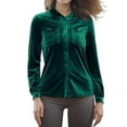 thumbnail image 2 of INSPIRE CHIC Women's Office Pocket Front Long Sleeve Button Down Velvet Shirt L Dark Green, 2 of 5