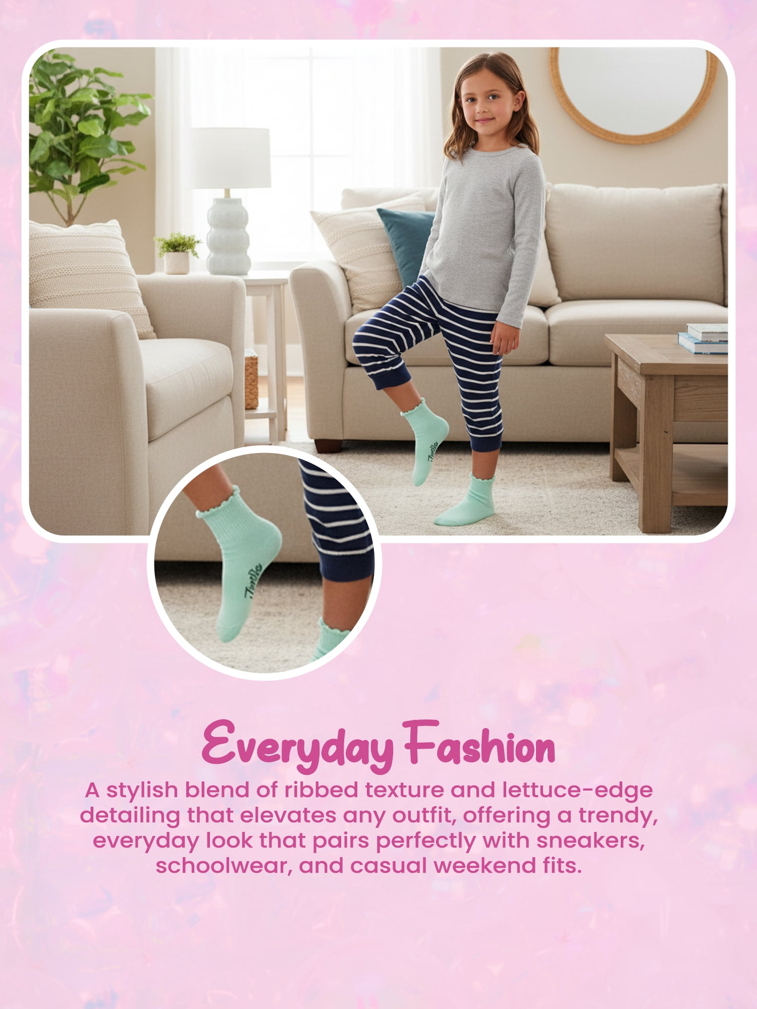 Justice Boyfriend Rib Ankle Socks for Girls with Lettuce Edge Anklet, 6 pk Multi Color