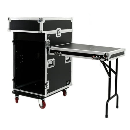 Seismic Audio - 14 Space Pro Audio DJ Road Rack Case with DJ Work Table & Casters - Pro Tour Grade