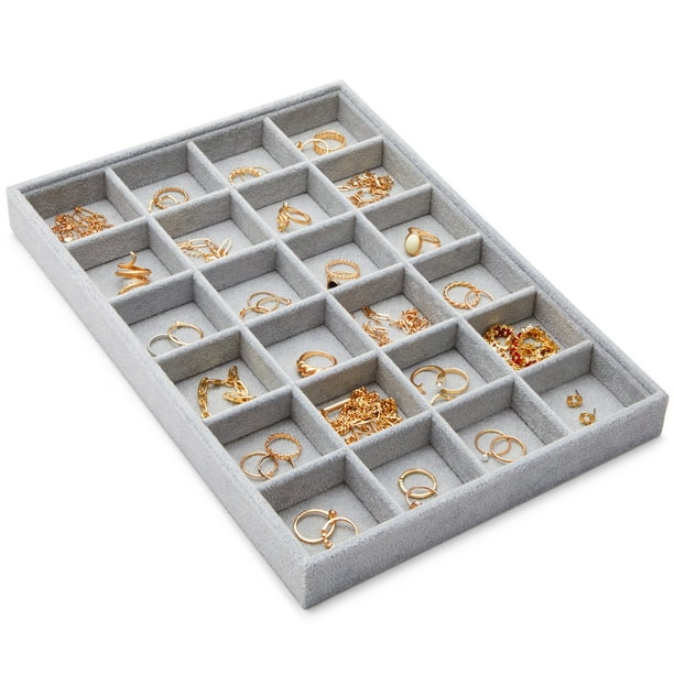 Velvet Jewelry Organizer Tray for Earrings, Stackable 24 Grid Storage for Rings (Gray, 14x10 in