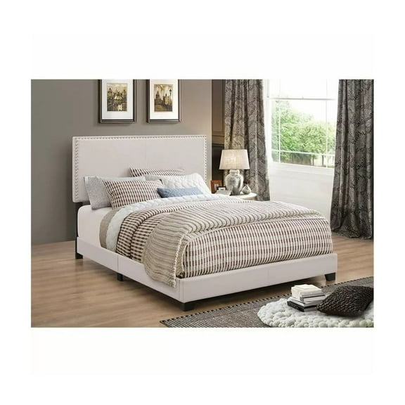 Queen Size Bed Frame Antique Fabric Tall Headboard Platform Bed Nailhead Trim Ivory