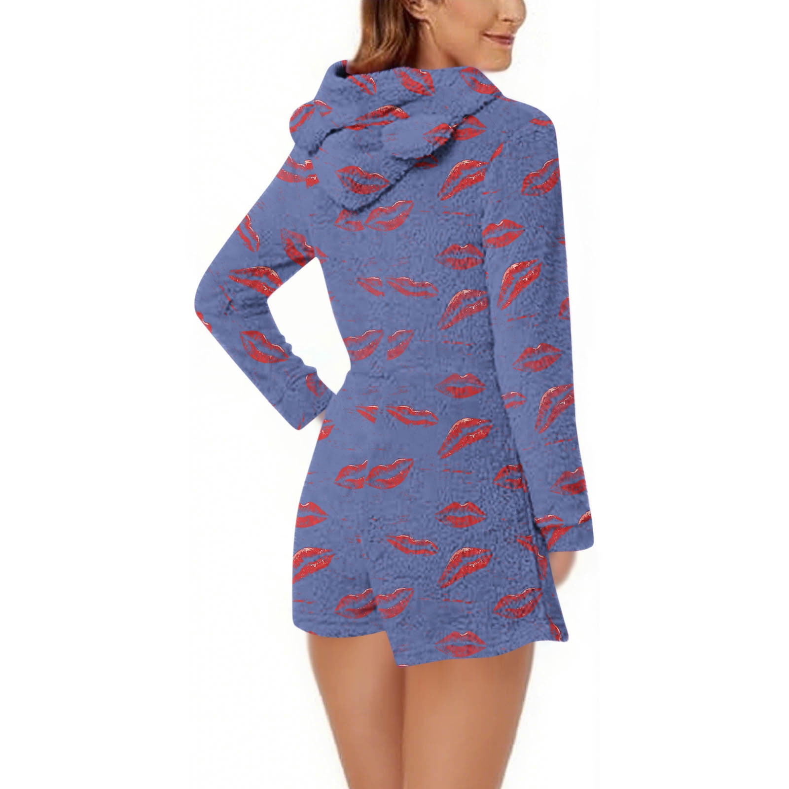 Womens Long Sleeve Onesies Pajamas Fuzzy Zip-Up Hooded Romper Warm Short Playsuit Jumpsuit Fleece Sherpa Sleepwear Blue, XXL