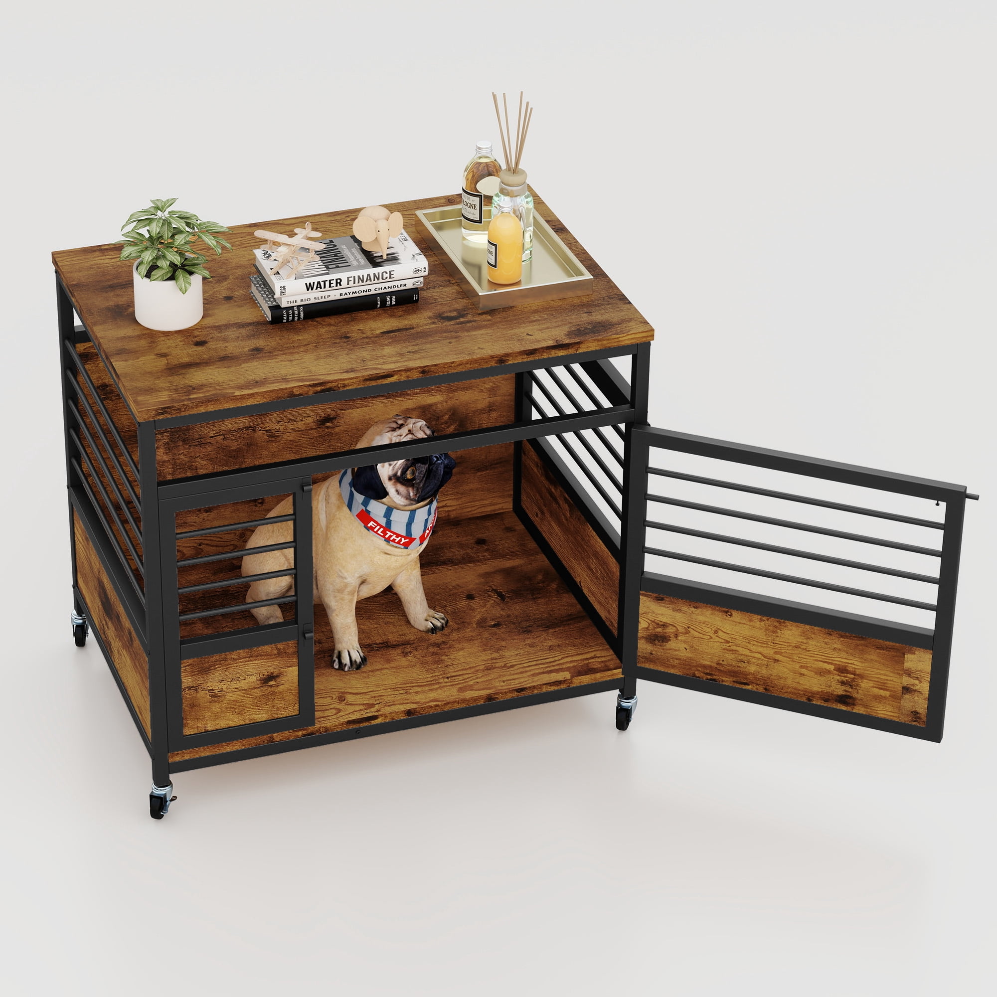 Uforic 32 Inch Dog Crate Furniture with Wheels,Wooden Dog Kennel for Dogs - Rustic Brown