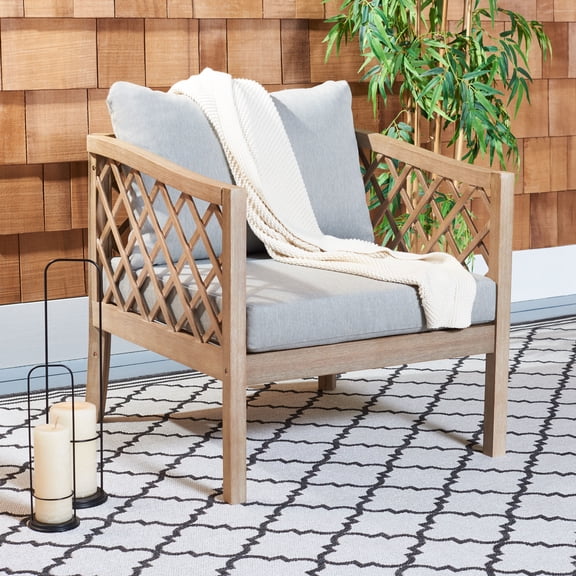 SAFAVIEH Couture Fiji Modern Eucalyptus Wood Solid Patio Chair, Brown/Light Grey