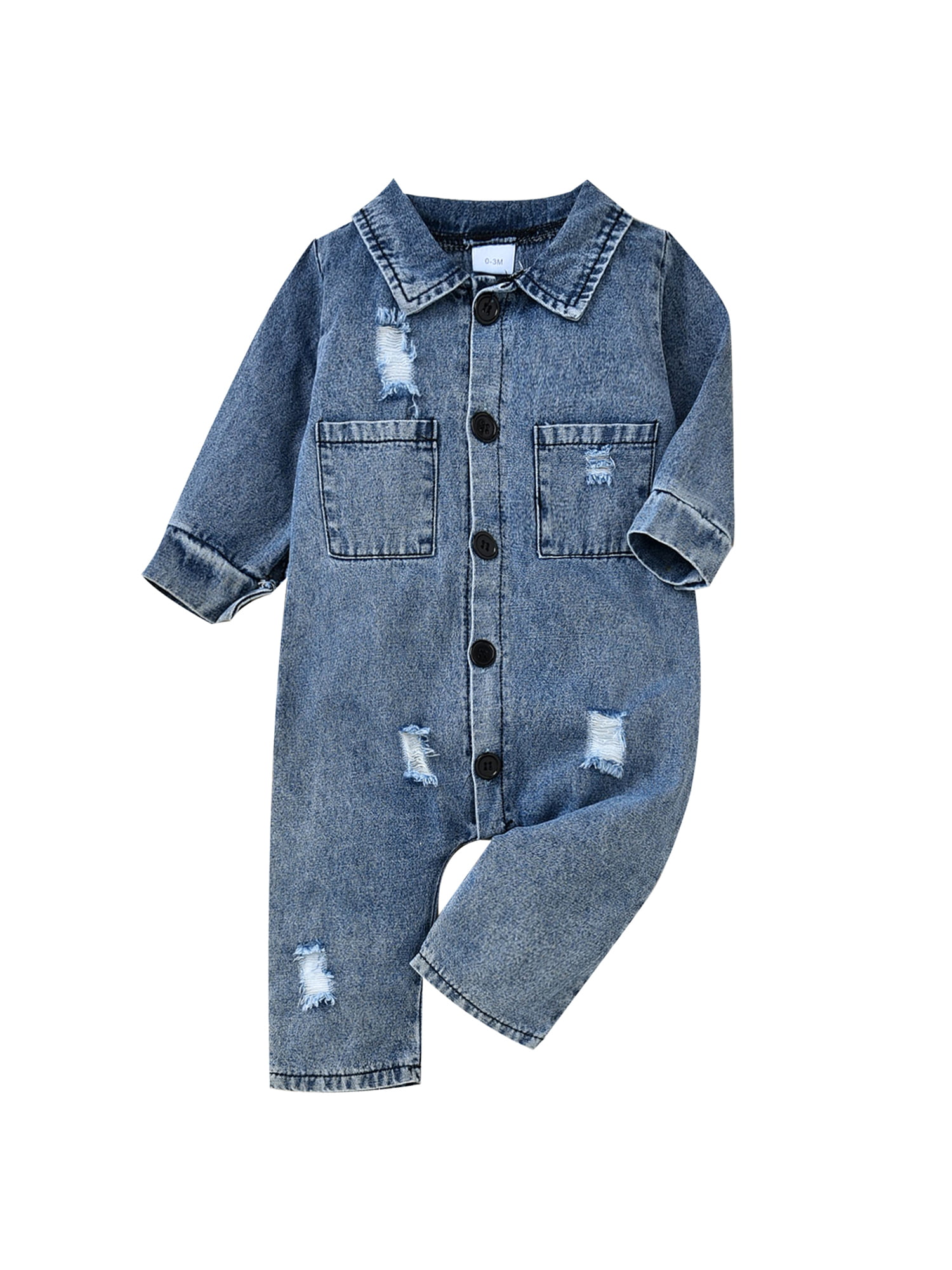 Toddler Newborn Boys Girls Denim Romper Jumpsuit Long Sleeve Solid Color Denim Chest Pocket Jeans Romper Bodysuit 