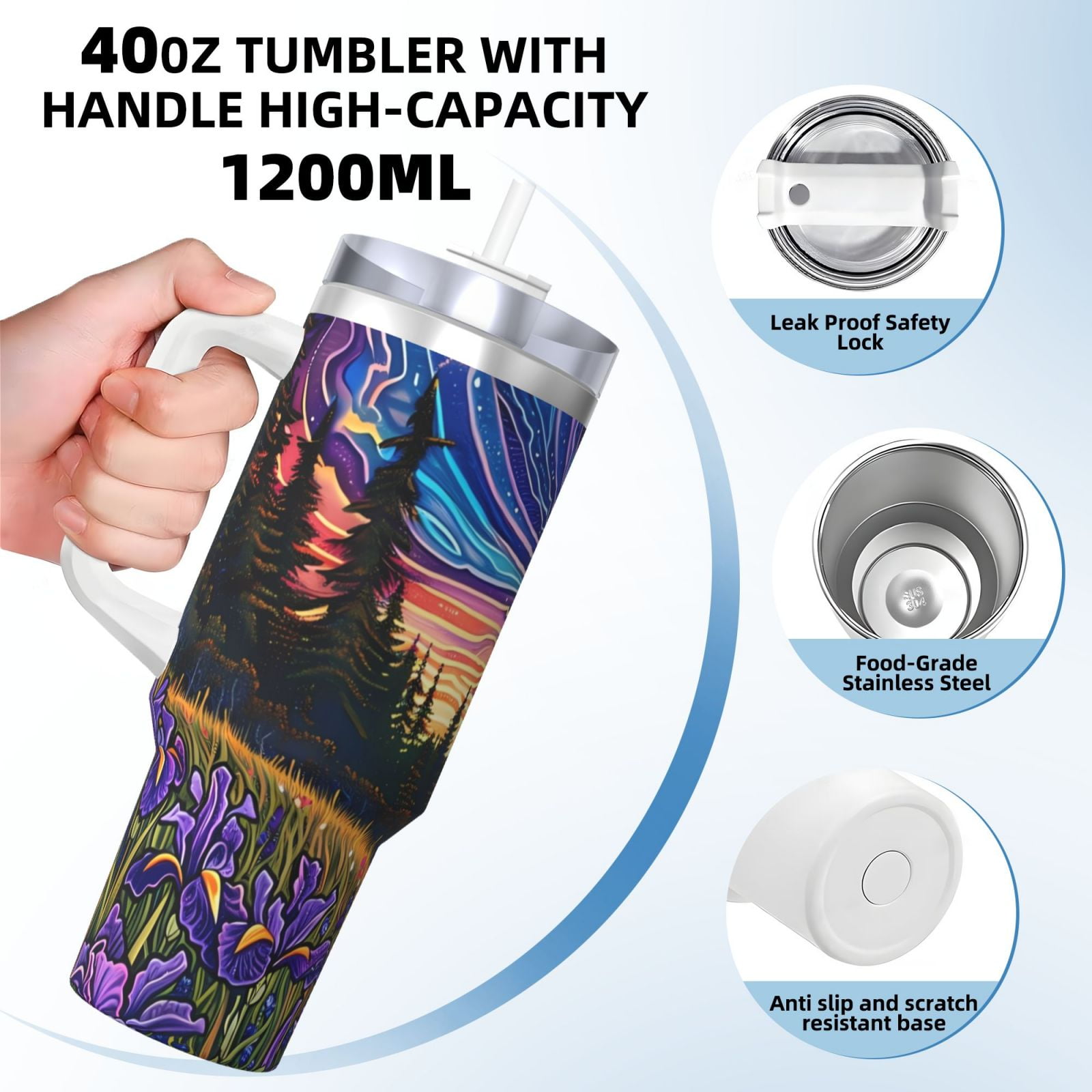 Vsdgher Galactic Night Over Meadow Pattern 40 oz Tumbler with Handle and Straw Lid | Insulated Cup Reusable Stainless Steel Water Bottle Travel Mug | Gifts for Women Men Him Her