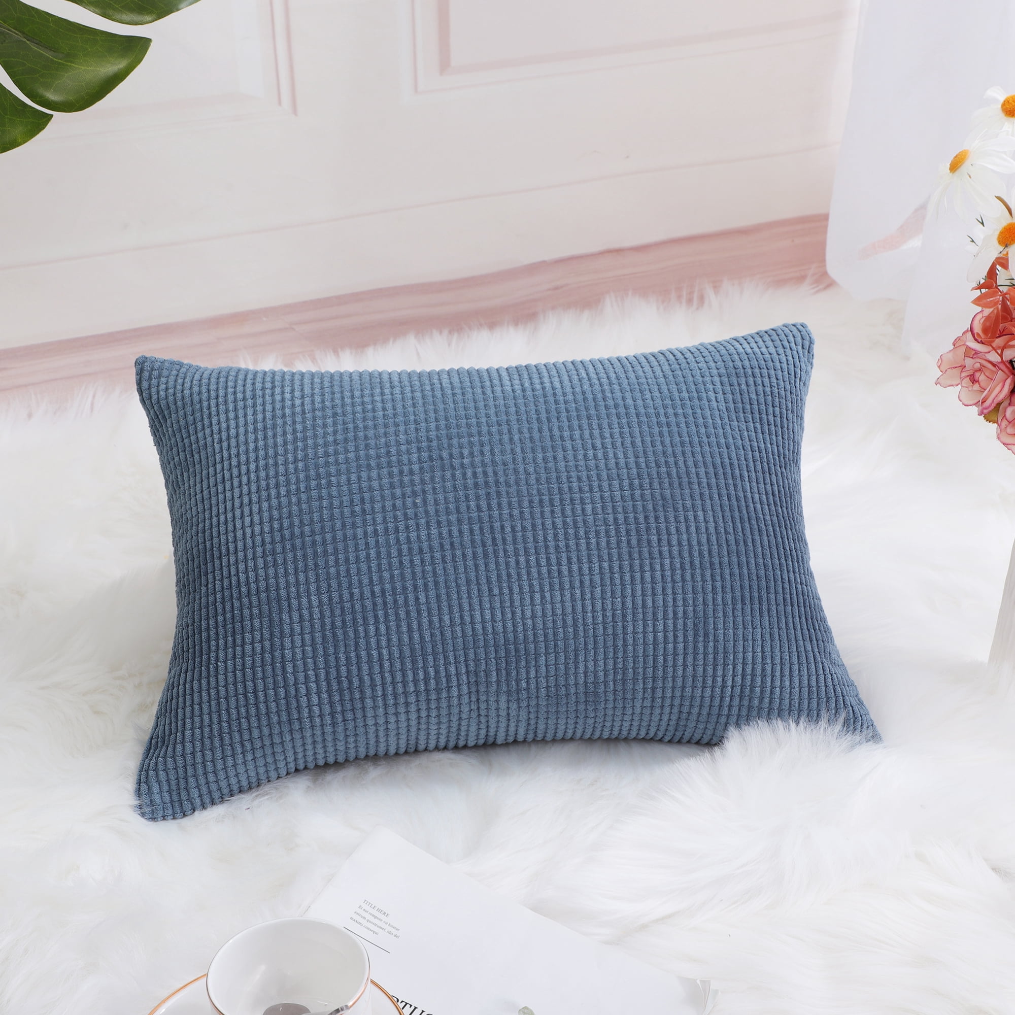 PiccoCasa Velvet Corn Striped Rectangle Throw Pillow Cover, Navy Blue, 12"x18"