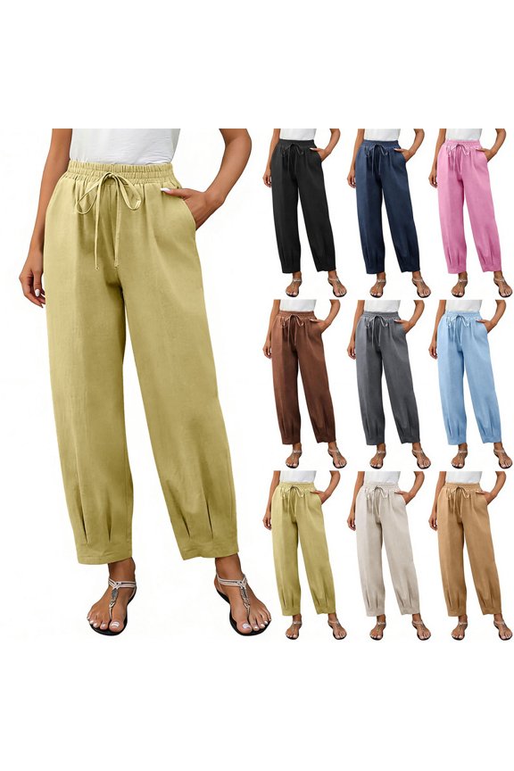 Women's Cotton Line Pants Fashion Drawing Elastic Waist Trousers Casual Solid Loose Pocket Pants Yellow 3XL