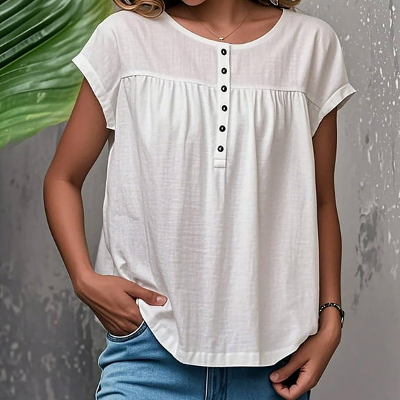 DPTALR George Women's Solid Button-Down Loose Fit Blouse T-Shirt,White,Size L