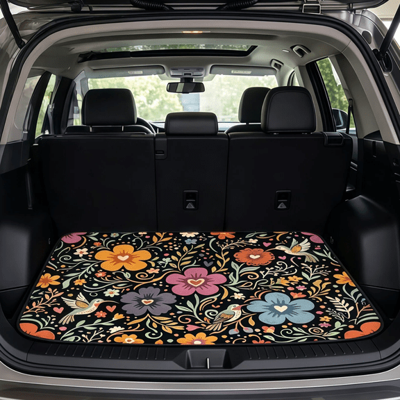 Floral Car Trunk Mat, Non-Slip Waterproof Cargo Liner for SUV, Soft Trunk Protector with Hummingbird Flower Design, Universal Fit Auto Cargo Mat, 39" x 29"