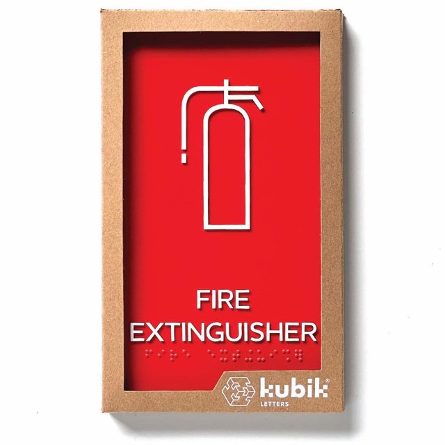 Kubik Letters Premium Fire Extinguisher Sign, ADA Compliant Modern Design Sign with Grade 2 Braille for Fire Extinguisher Location with 3M Double Sided Tape