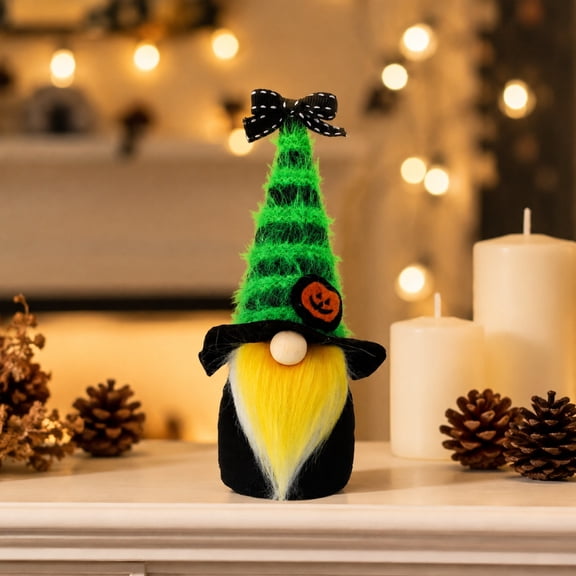 1PC Halloween Faceless Gnome Decor,6.99in Gradient Candy Color Plush Figurine with Witch Hat, Soft Cloth Tabletop Ornament for Home Office Party Fall Holiday Decoration,Green