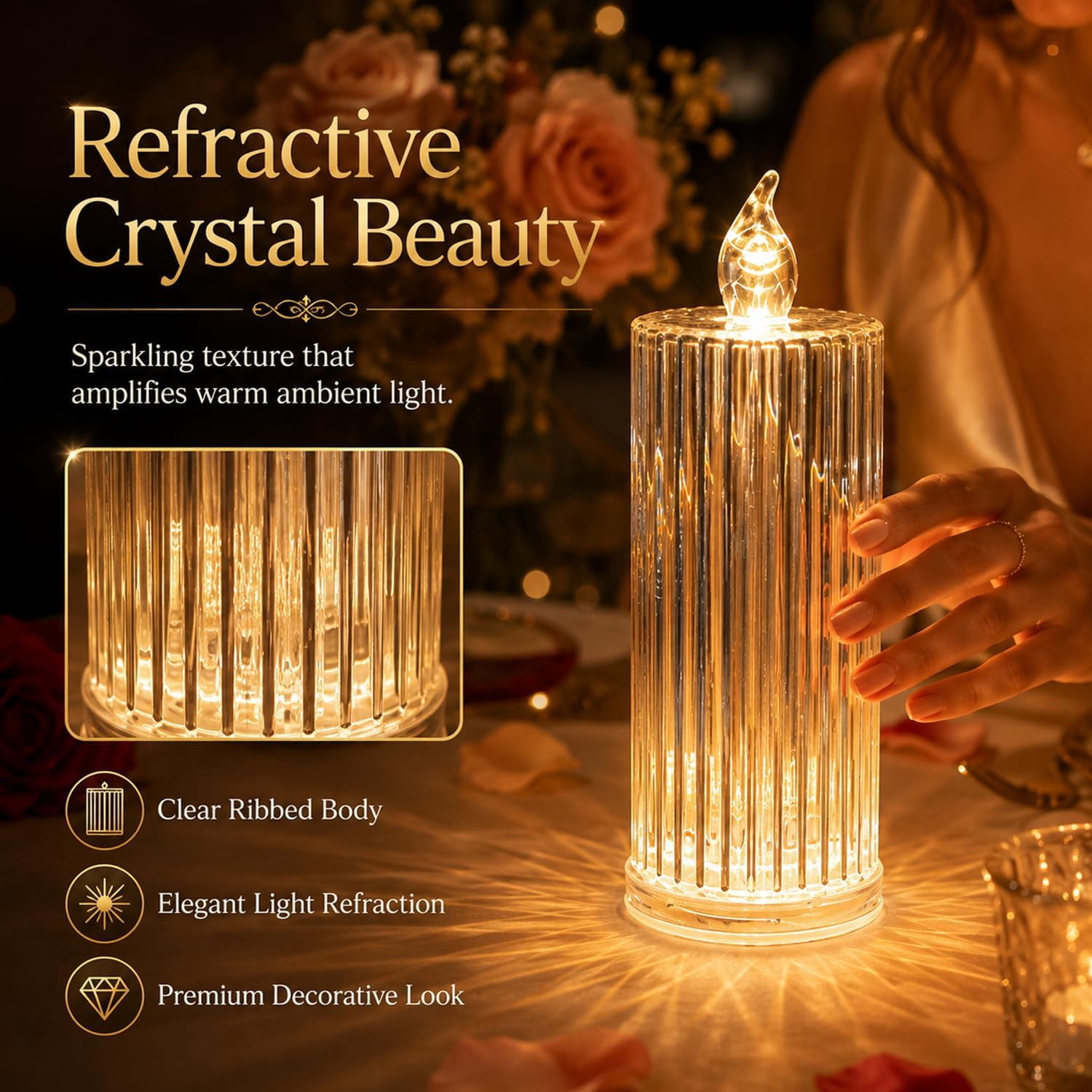 Creative Refractive Diamond Crystal LED Flameless Candles, Battery Operated Rose Shadow Electronic Candle Lights, Romantic Ambience Decor for Home Bedroom Wedding Party 4Pcs Set(k)