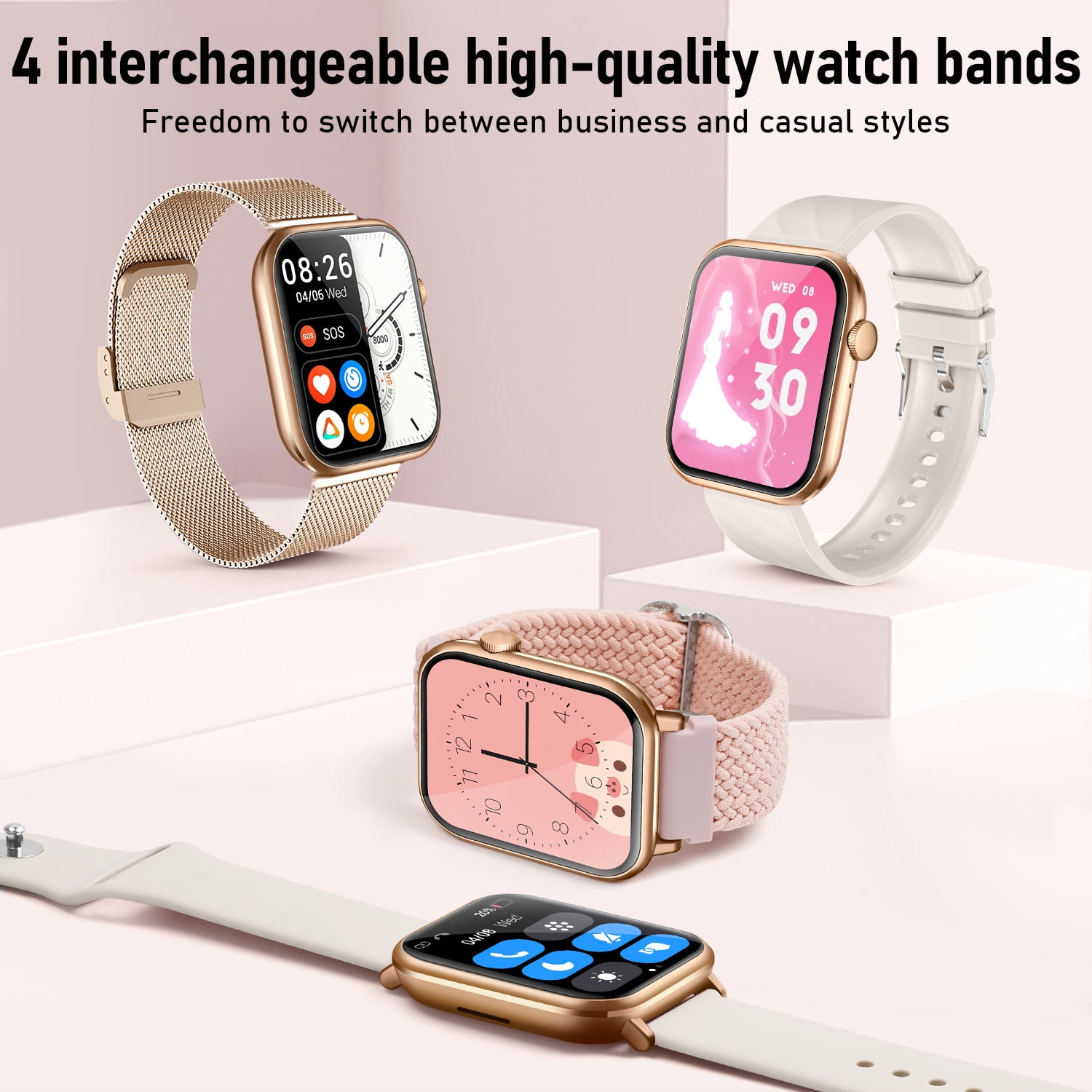 Smart Watch Fits for Android and iPhone,IP68 Waterproof,Suitable for Women Men 100 Sports Modes 1.96 inch Fitness Tracker with Answer Make Calls/Message Reminder,4 Watch Bands,Milano Steel Band(Gold)