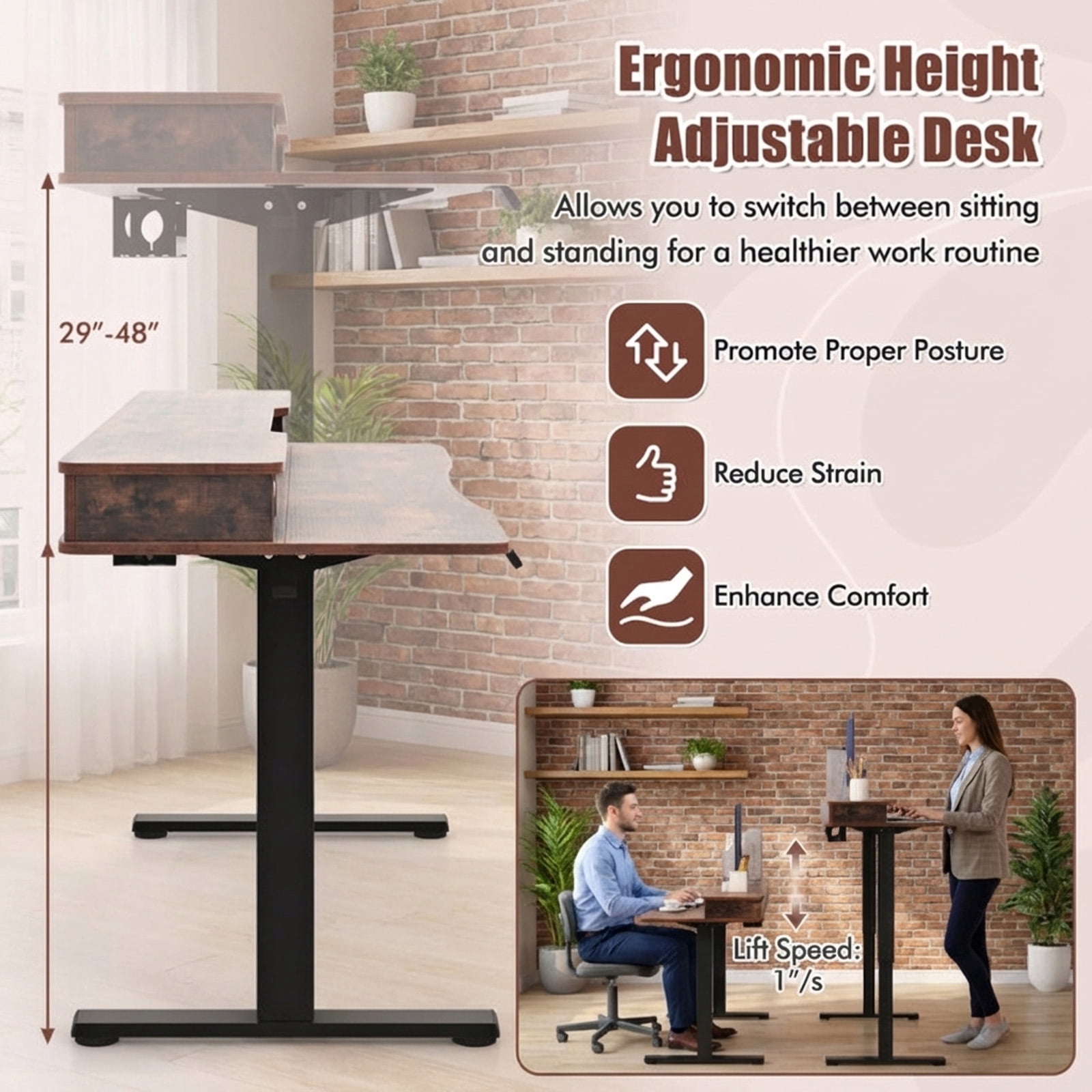 Furnibear 48 x 24 Inch Electric Height Adjustable Standing Desk with 2 Fabric Drawers Monitor Stand Memory Settings Rustic Brown
