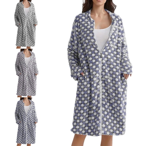 FAHUOMU Women Zip Up Robe Fleece Long Sleeves Flannel Bathrobe Sleepwear Warm Soft Fal Winter Housecoat With Pockets