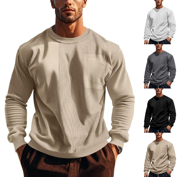 UVEASISHA Long Sleeve T-Shirts for Men Solid Color Patchwork Crewneck Sweatshirts Relaxed Fit Lightweight Pullover Tops Fall Casual Workout Shirt White M