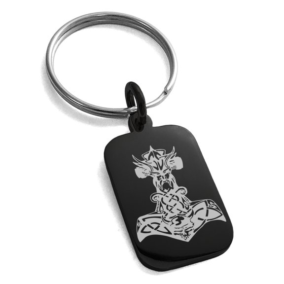 Stainless Steel Asgard Mjolnir Thor's Hammer Viking Norse Engraved Small Rectangle Dog Tag Charm Keychain Keyring