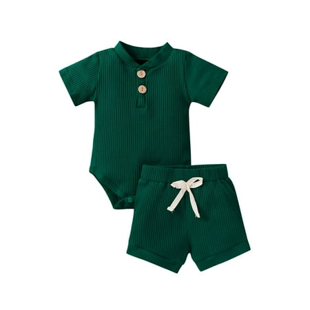 

CIYCuIT 0-18 Months Summer Newborn Baby Boy Girl Clothes Set Ribbed Outfits Unisex Infant Solid Cotton Button Short Sleeve Tops Shorts 2PCS