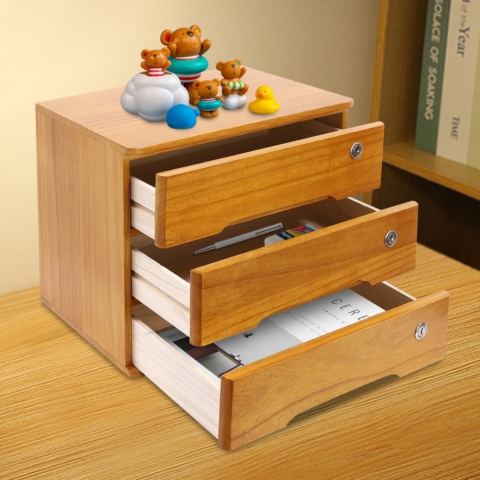 3-Tier Wooden Desk Organizer, Yellow Wood with Locking Drawers, Secure Storage with Smooth Edges and Anti-Slip Pads for Home and Office Use